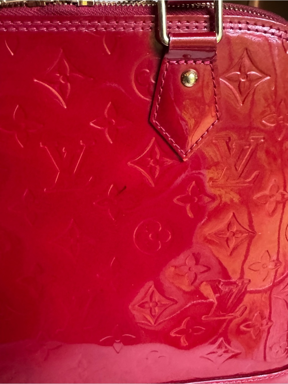 Louis Vuitton Red Vernis Alma Satchel with Gold Hardware - Picture 14 of 15